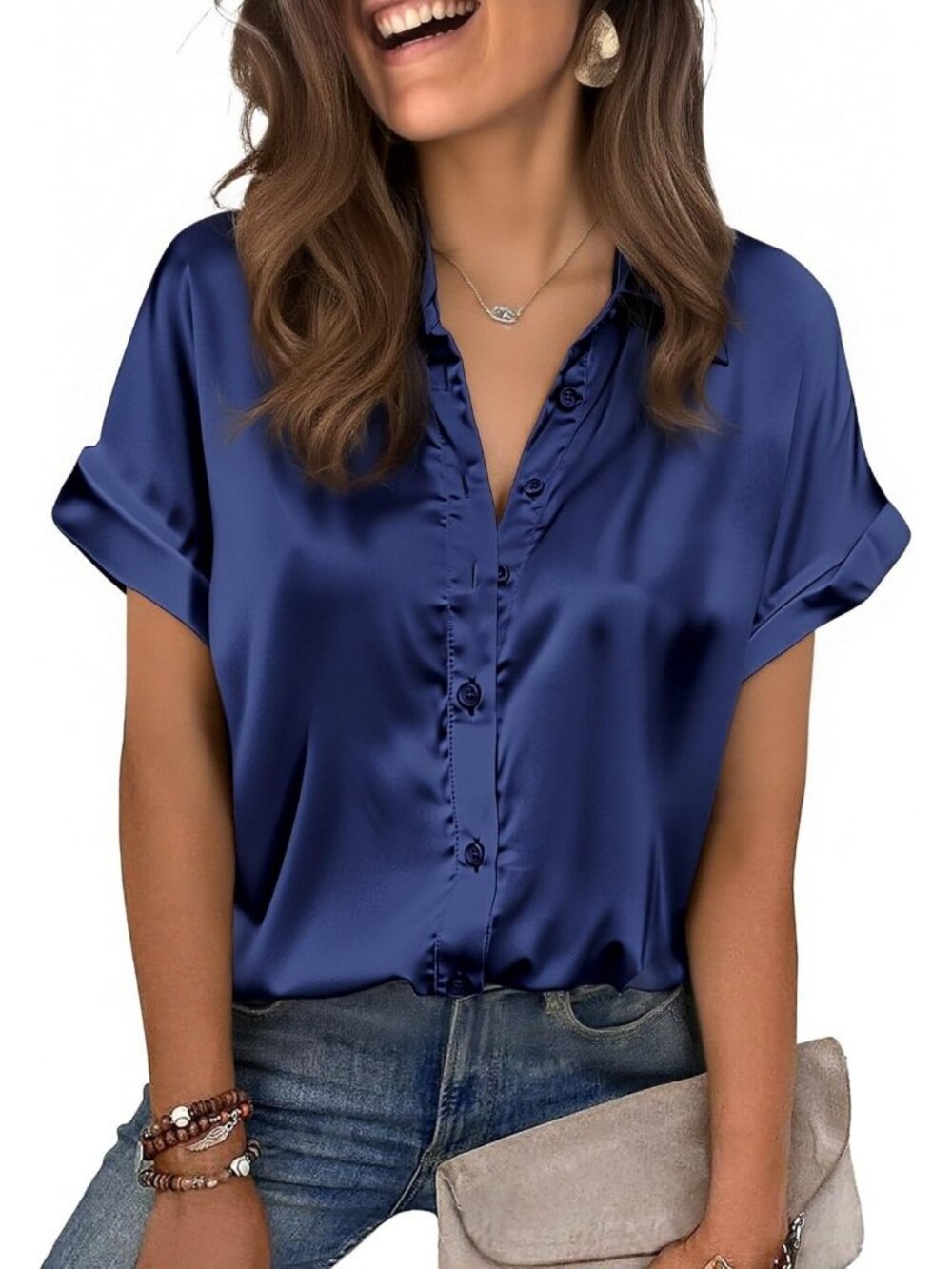 Women's Navy Satin Silk Blouse Short Sleeve Button Down Collared Office Shirt